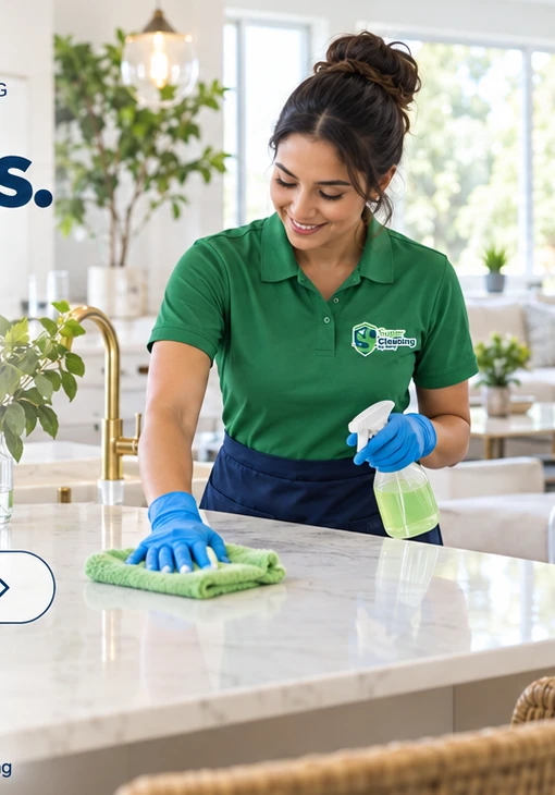 Professional cleaner working in a bright home interior