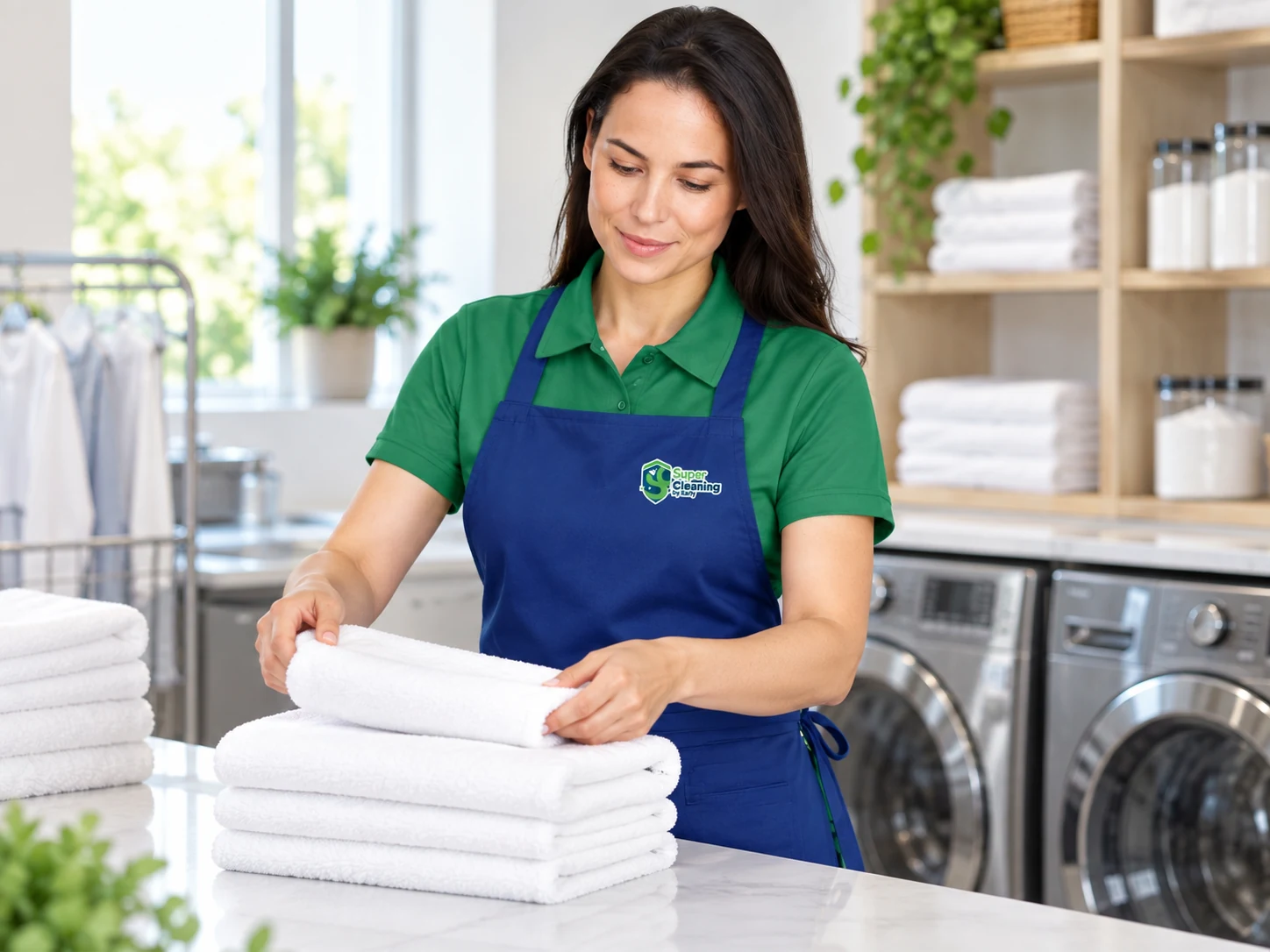 Professional cleaner folding towels in a bright laundry room